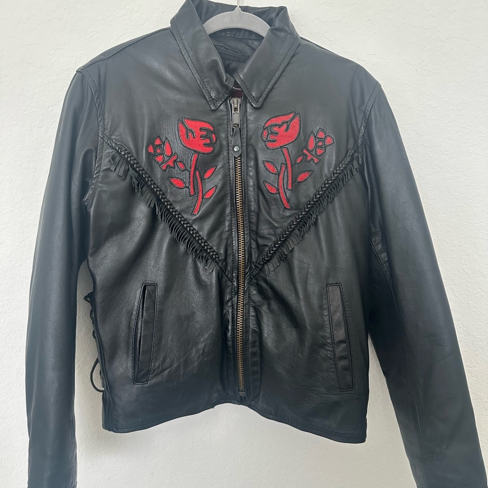 Vintage Black Leather Fringe Motorcycle Jacket Size L